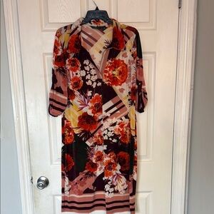 Mlle Gabrielle Red and Black Sheath Midi Dress with Notched Collar